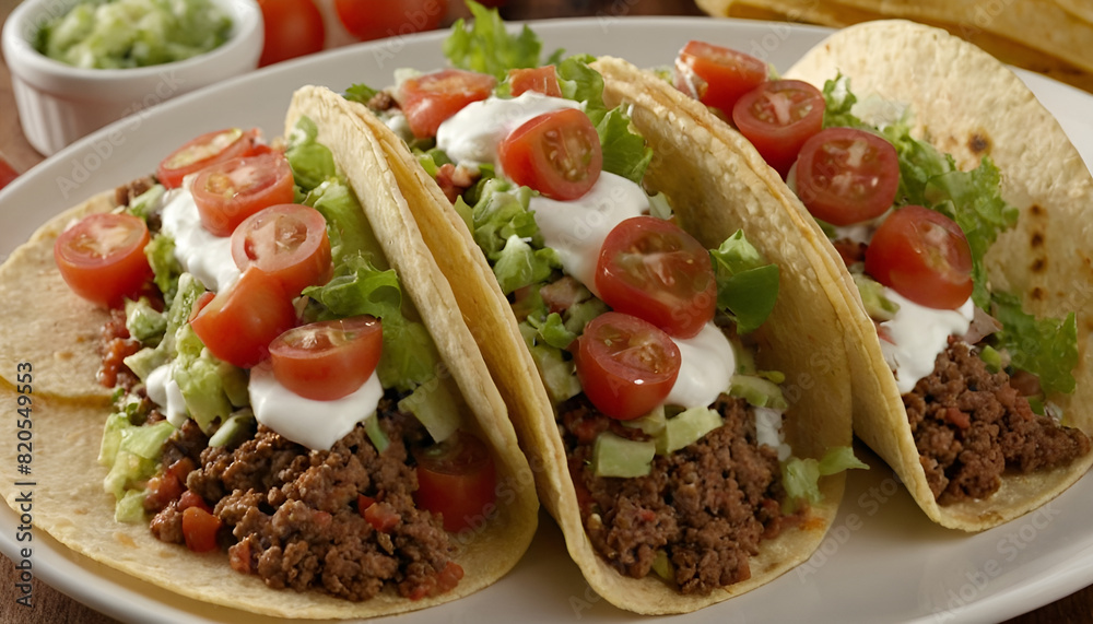 ground beef tacos with tomato, lettuce, and sour cream ground beef tacos with tomato, lettuce, and sour cream