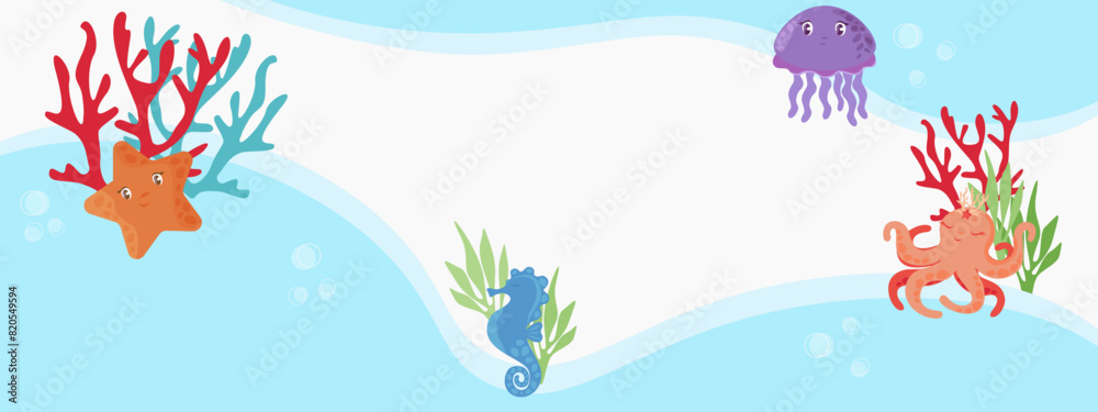 Children's background with sea animals seaweed and coral Octopus starfish and seahorse will be cute helpers for your creative projects Vector banner invitation congratulations holiday ocean postcard Children's background with sea animals seaweed and coral Octopus starfish and seahorse will be cute helpers for your creative projects Vector banner invitation congratulations holiday ocean postcard