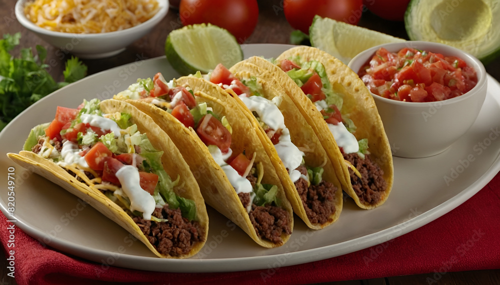 Fototapeta premium ground beef tacos with tomato, lettuce, and sour cream
