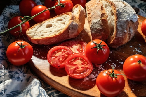 homemade tomatoes with bread on wooden board food photo