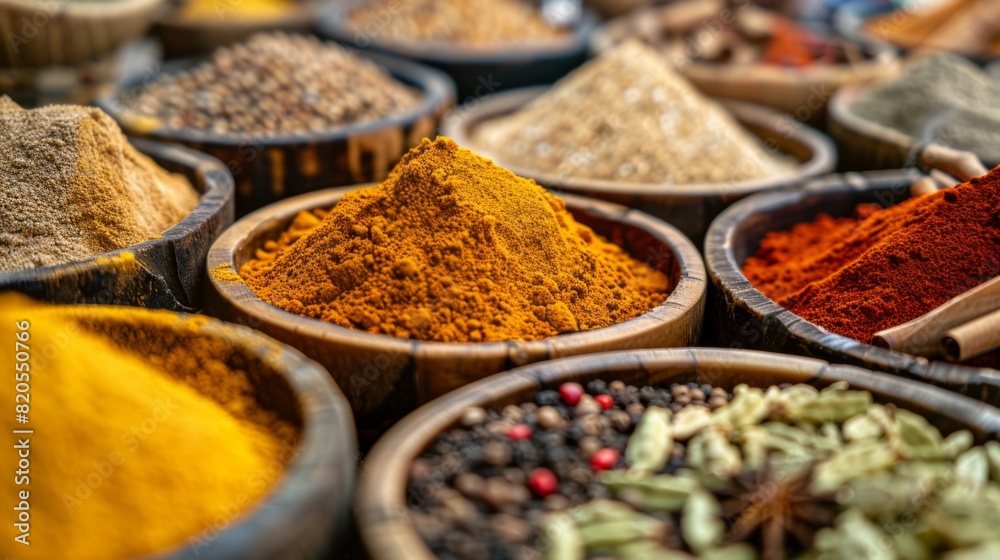 Variety of Colorful Spices in Wooden Bowls Variety of Colorful Spices in Wooden Bowls