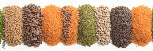 lentils on border side on plain white background copyspace banner from Generative AI photo