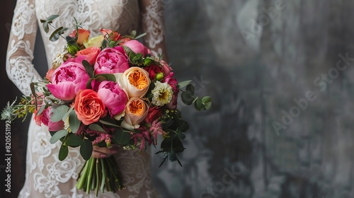 Bouquet for the bride in female hands Flowers for the wedding Leukadendron ranunculus genista Tulips roses carnation shabot Gift on the 8 march Plans for valentines day : Generative AI