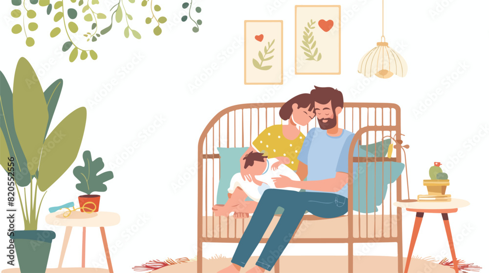 Mother and father watching at sleeping baby flat vector