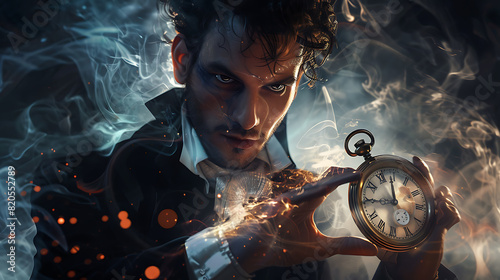 The man holds a peculiar pocket watch with erratic, non-linear moving hands, symbolizing his ability to shatter the time. photo