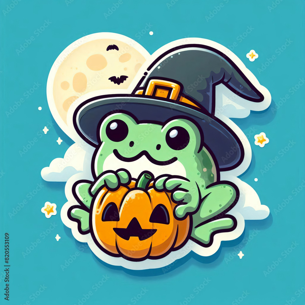 Naklejka premium Halloween sticker cute frog and moon