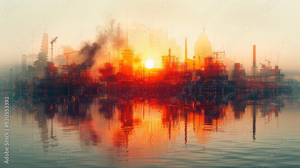 Naklejka premium Double exposure graphic design transforms the construction scene,generative ai