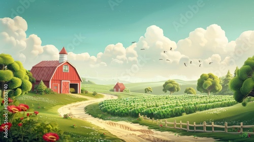 idyllic rural landscape with a red barn