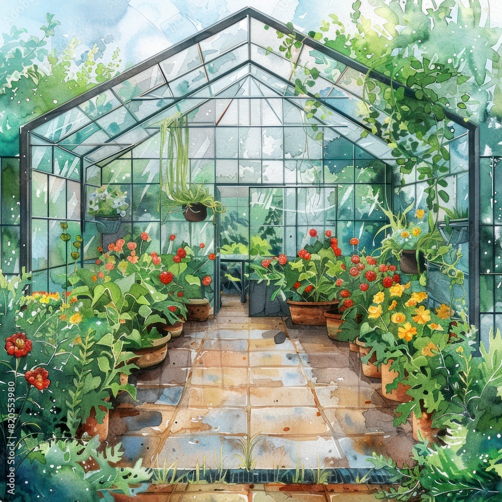 The image shows a beautiful greenhouse with a variety of flowers and plants The image shows a beautiful greenhouse with a variety of flowers and plants