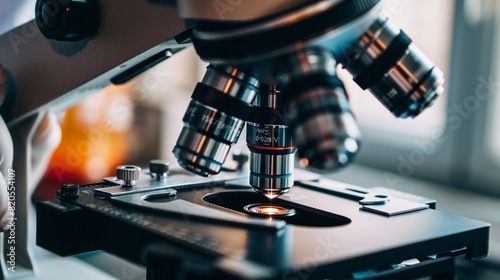 An Image of a Microbiologist Working in a Laboratory, Using a Microscope and Other Equipment to Study Microorganisms photo