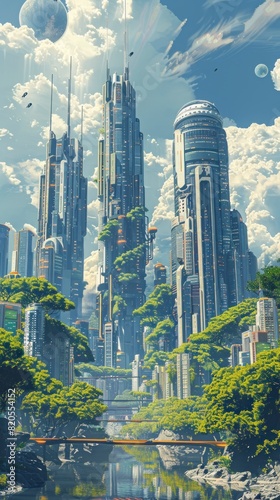 The photo depicts a futuristic cityscape with skyscrapers  lush greenery  and a river running through the middle.