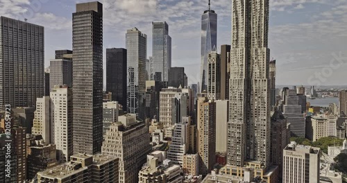 NYC New York Aerial v402 drone fly through the financial district capturing densely populated Lower Manhattan cityscape with towering skyscrapers - Shot with Mavic 3 Pro Cine - September 2023