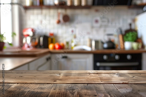 A desk top with blurred background of kitchen. Good for background