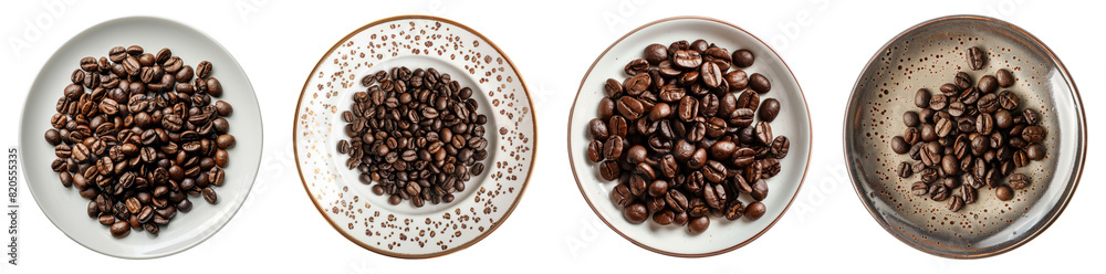 Coffee beans, plate, top view, PNG set Coffee beans, plate, top view, PNG set