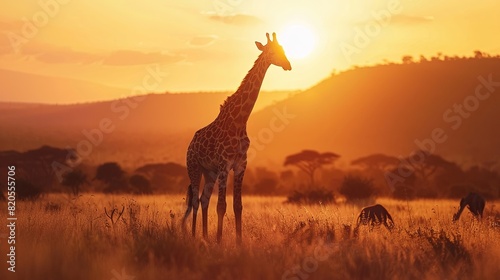 Giraffes on safari in Kenya Wild animals are in focus sunset background Sharp details  wide angle images