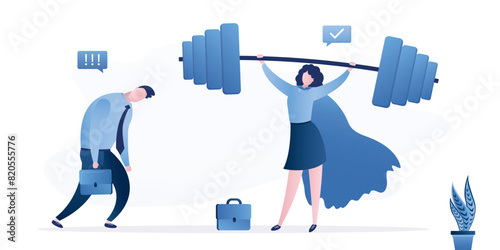 Strong business woman hero show his strength by lifting heavy weight, weak tired businessman. Loser and winner. Women power, equality, human rights. Business strengths