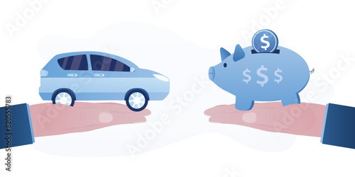 Car and piggy bank sign on human hands. Vehicle loan promotion concept. Frugal auto ownership saves money. Saving money to buy new car,