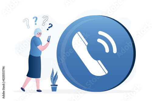 Big call button. Grandmother receive incoming call. Phone call, mobile support center. Elderly woman need help. FAQ, contact with helpline. Communication concept.