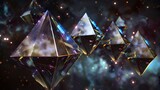 Floating 3D pyramids with reflective surfaces in a dark, infinite space.