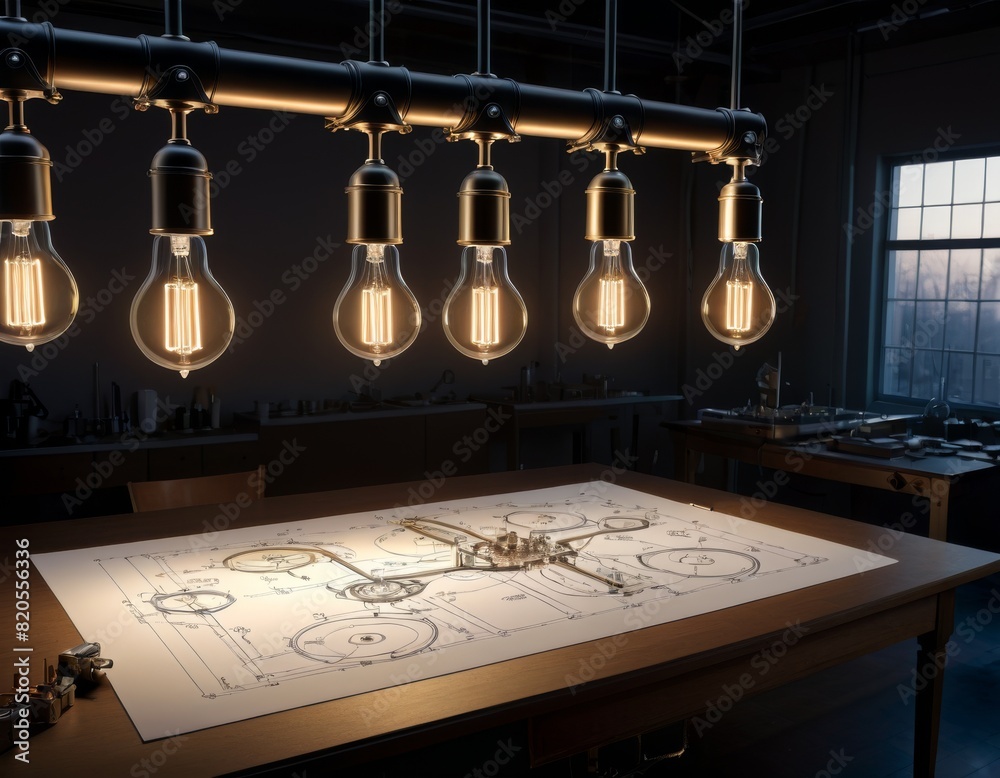 Warm Edison light bulbs hang above a detailed mechanical blueprint spread on a wooden table in a dim workshop, highlighting the fusion of vintage lighting and engineering design.. AI Generation Warm Edison light bulbs hang above a detailed mechanical blueprint spread on a wooden table in a dim workshop, highlighting the fusion of vintage lighting and engineering design.. AI Generation