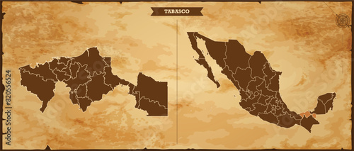 Tabasco state map, Mexico map with federal states in A vintage map based background, Political Mexico Map