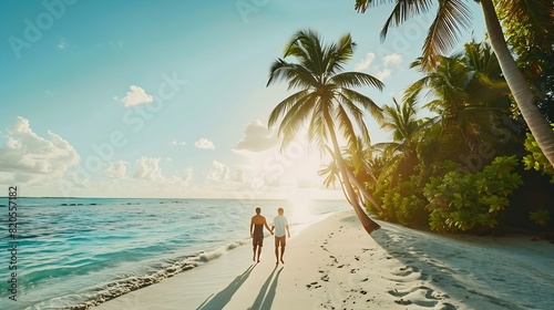 A couple walking in the morning sunshine on a tropical beach baa atoll maldives : Generative AI photo