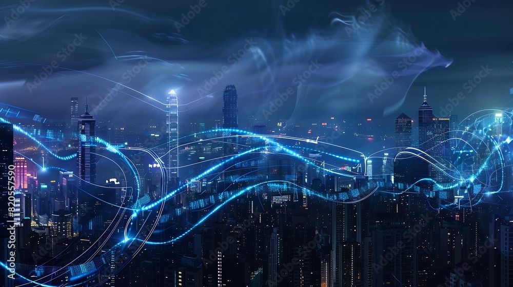 Smart city and big data connection technology concept with digital blue wavy wires with antennas on night megapolis city skyline background double exposure : Generative AI