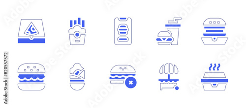 Fast food icon set. Duotone style line stroke and bold. Vector illustration. Containing fast food, food stand, take away, hamburger, mobile app, burrito, burger, pizza, french fries. © Huticon