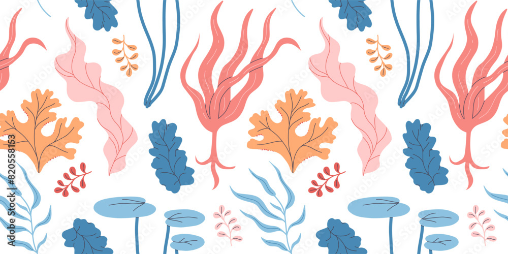 Seaweeds seamless pattern. Aquarium plants, underwater planting. Vector seaweed silhouette isolated set. Illustration of aquatic plant, nature wildlife