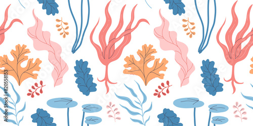 Seaweeds seamless pattern. Aquarium plants  underwater planting. Vector seaweed silhouette isolated set. Illustration of aquatic plant  nature wildlife