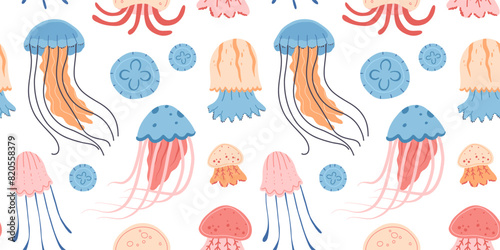 Seamless pattern of various Cartoon jellyfish flat style. Medusa vector illustration. Modern flat illustration Jellyfish isolated on white background.