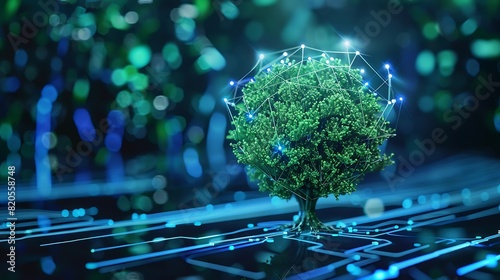 Tree growing on Circuit digital ball Digital and Technology Convergence Blue light and Wireframe network background Green Computing Green Technology Green IT csr and IT ethics Concept : Generative AI