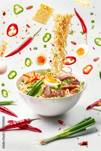 A bowl of ramen noodles with vegetables and meat floating in the air