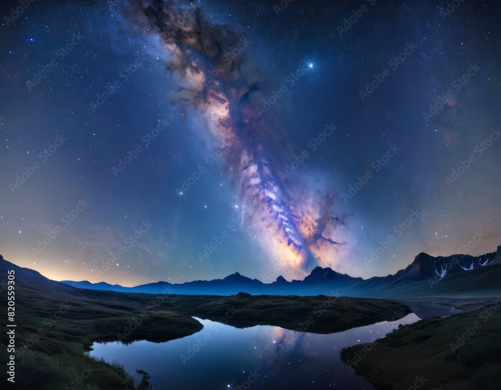 A breathtaking digital creation showcasing the reflection of a galactic core in the still waters of an alien planet's serene lake under a star-filled sky.. AI Generation
