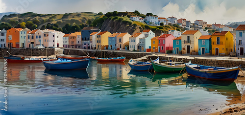 Boats Docked in Serene Coastal Town Harbor generative Ai
