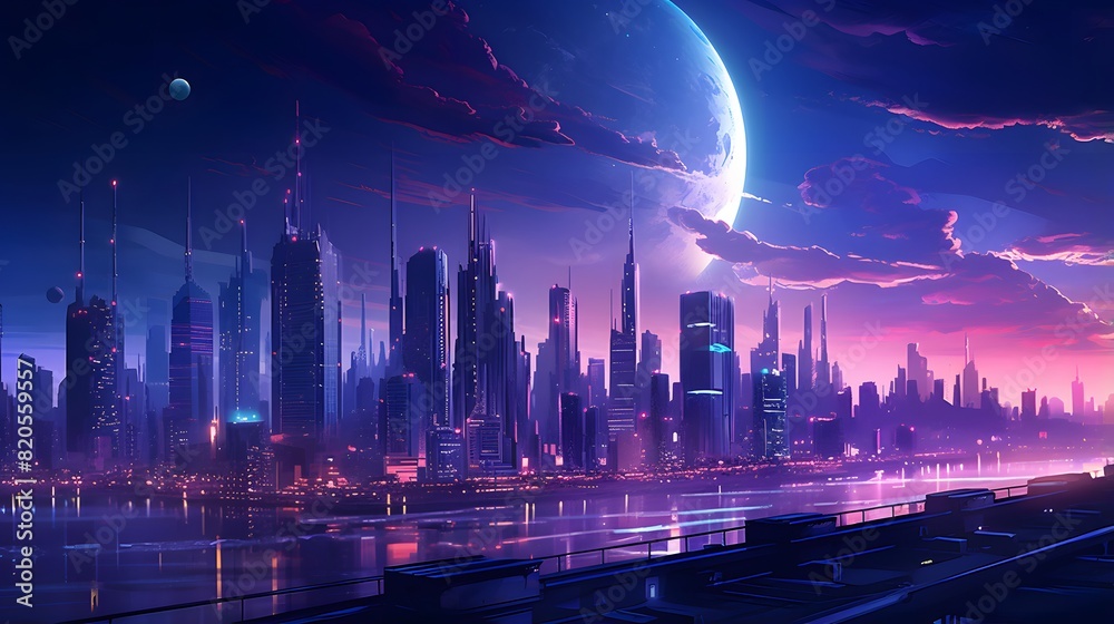 Night city panorama with skyscrapers and moon, 3d illustration