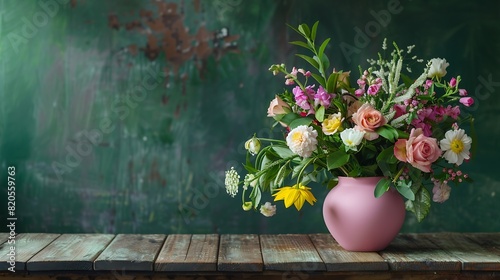 Beautiful cottage style flower arrangement in a pink vase on a wooden table Flower bunch includes Roses Snapdragons Ranunculus Daisys Chrysco Lily of the Incas Thryp and lush green fol : Generative AI © The Little Hut