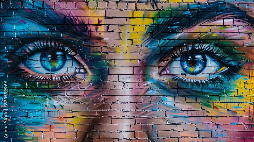 A mural of a woman's face is painted on a brick wall