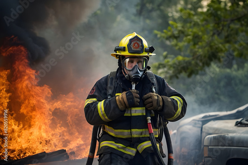 A portrait of a firefighter with a risky background