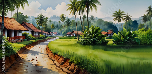 tropical village with trees generative Ai
