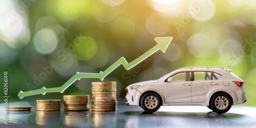 A white car next to stacks of coins and a growing graph arrow pointing up on a green blurred background,