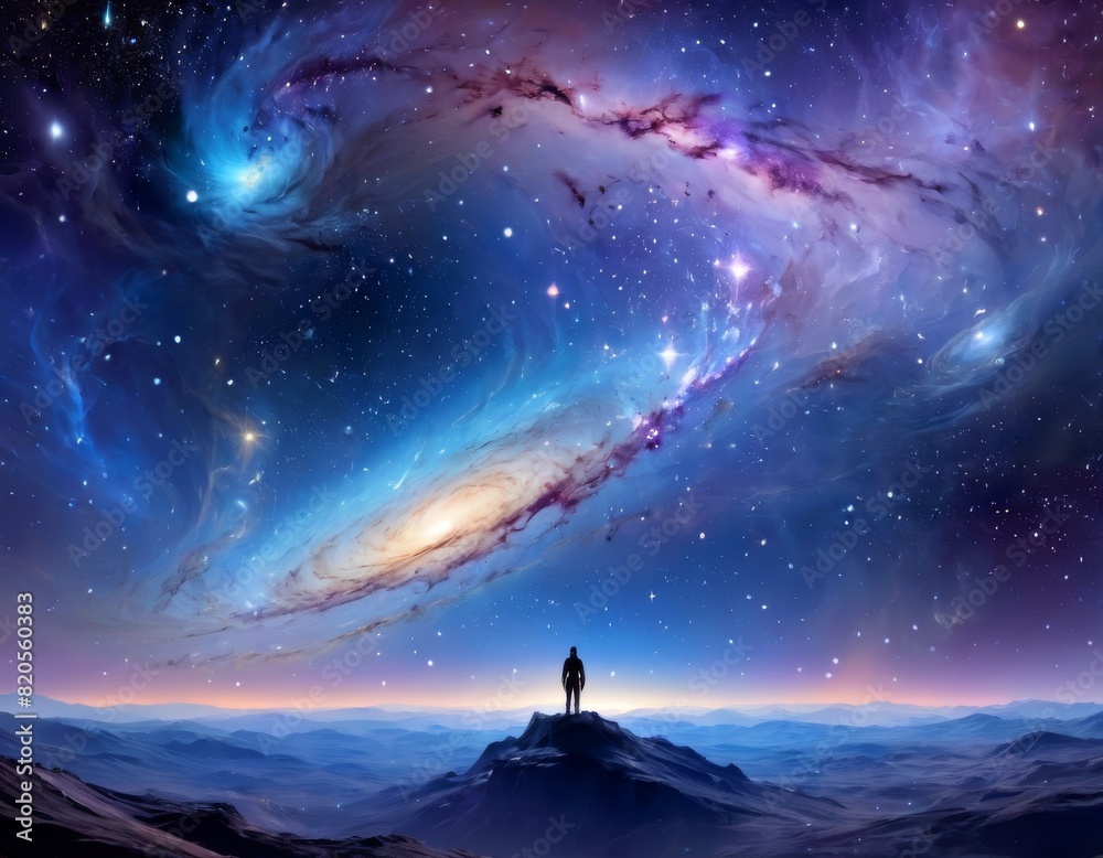 A lone figure stands atop a mountain, dwarfed by the magnificent swirl of galaxies, stars, and cosmic dust in the night sky above.. AI Generation A lone figure stands atop a mountain, dwarfed by the magnificent swirl of galaxies, stars, and cosmic dust in the night sky above.. AI Generation