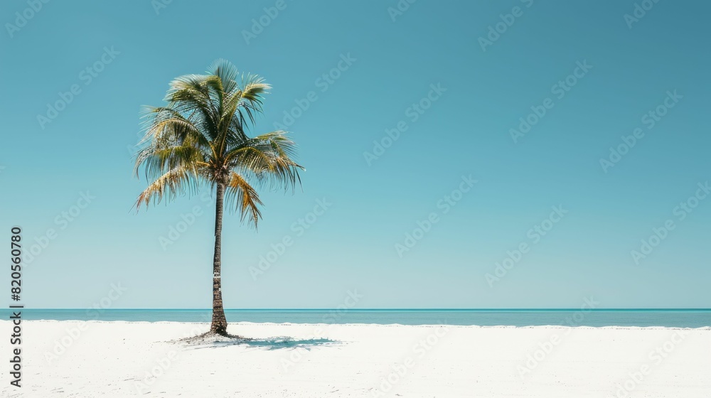 A palm tree stands on the sandy beach near the vast ocean, under a clear blue sky with fluffy clouds, adding to the beautiful coastal natural landscape AIG50