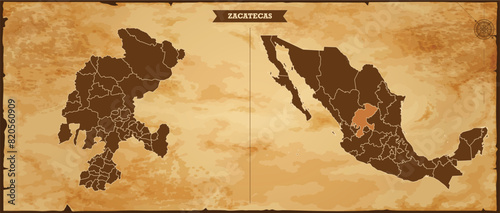 Zacatecas state map, Mexico map with federal states in A vintage map based background, Political Mexico Map photo