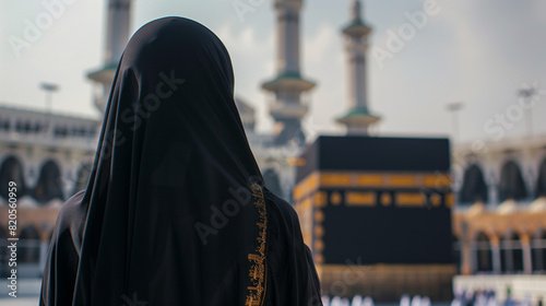 Muslim woman looks at the Kaaba solemnly, Ai generated Images photo
