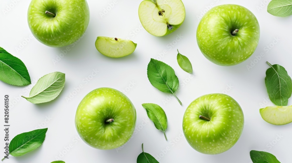 Fototapeta premium natural food design with green apples and leaves white desk background top view mock up