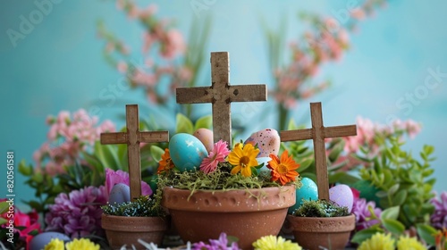 three wooden crosses in front of a wooden background, surrounded by various flowers and Easter eggs.