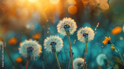 Floral summer spring background Yellow dandelion flowers closeup in a field on nature on a dark blue green background in evening at sunset Colorful artistic image free copy space   Generative AI
