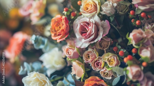 Bridal arrangement Wedding flowers closeup Decoration of roses flowers and ornamental plants closeup selective focus nobody objects luxury artificial bouquet of colorful flowers for ba : Generative AI