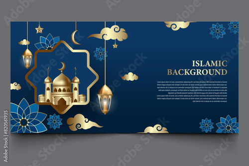 Islamic background banner. dark blue color, design elements
